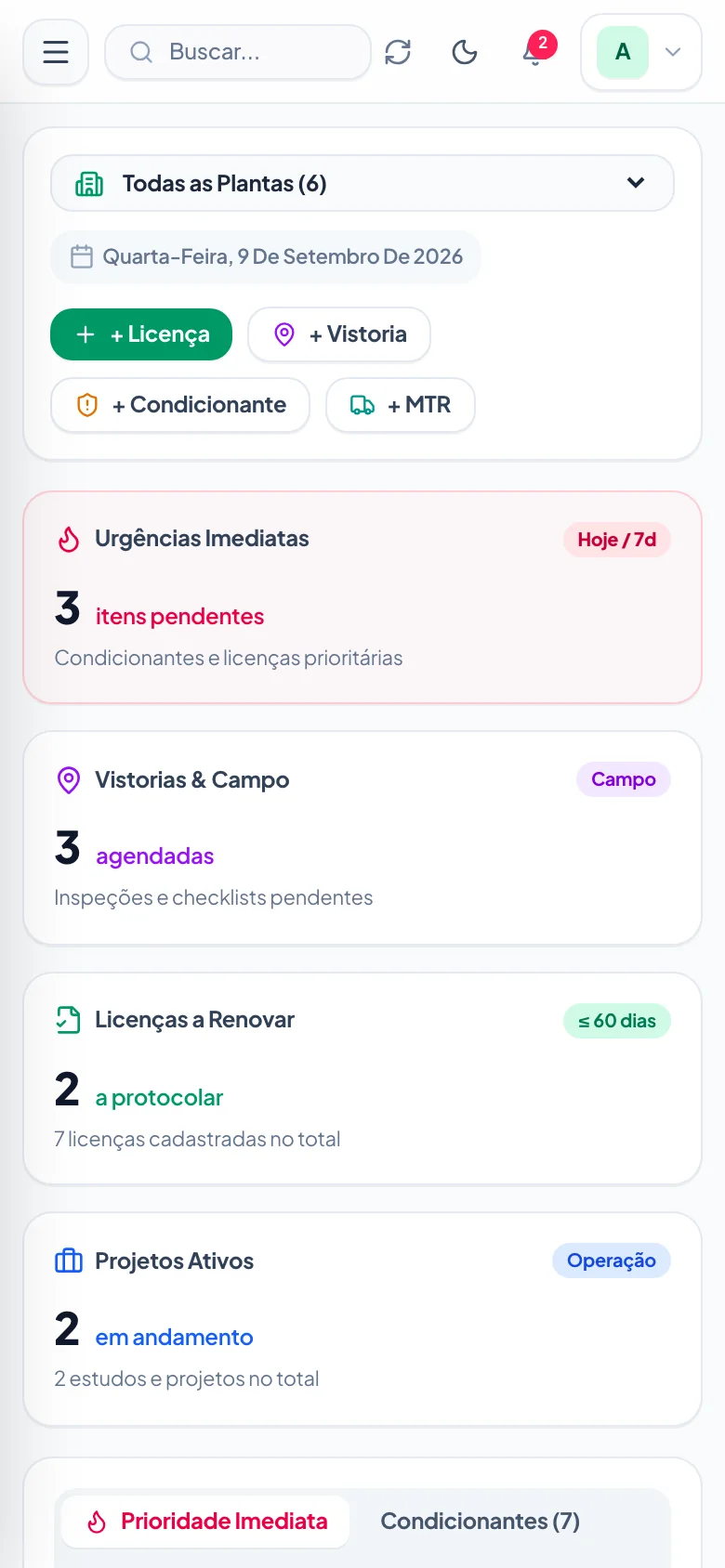 Painel do Ecogn no celular, com as urgências da semana.